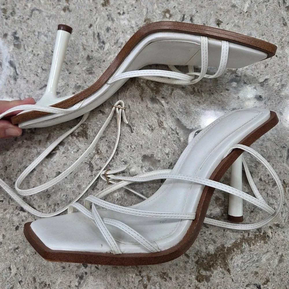 Zara‎ White Heeled Sandals Square Toe Ankle Strap Minimalist Size 39 - Picture 7 of 12